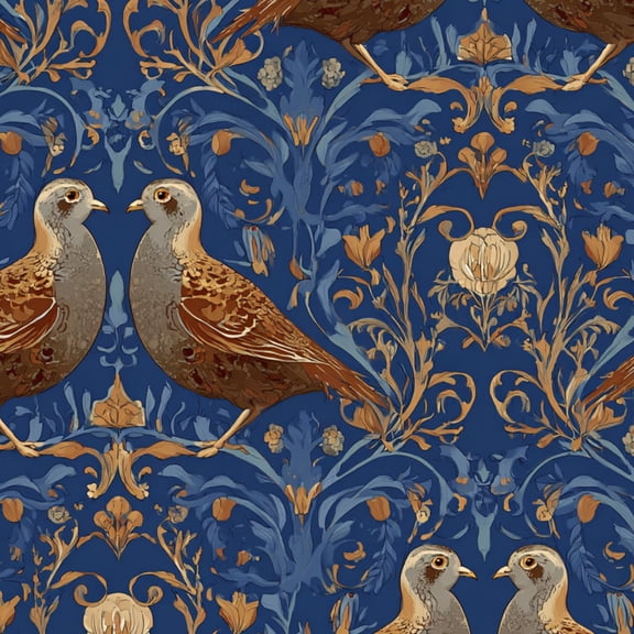 Hunt Peel and Stick Wallpaper 17.7in x 9.8ft Vintage Blue Gold Floral Partridges Ornamental Design Contact Paper Vinyl Waterproof Self Adhesive Wall Paper for Bedroom Shelf Cabinet Renter Friendly