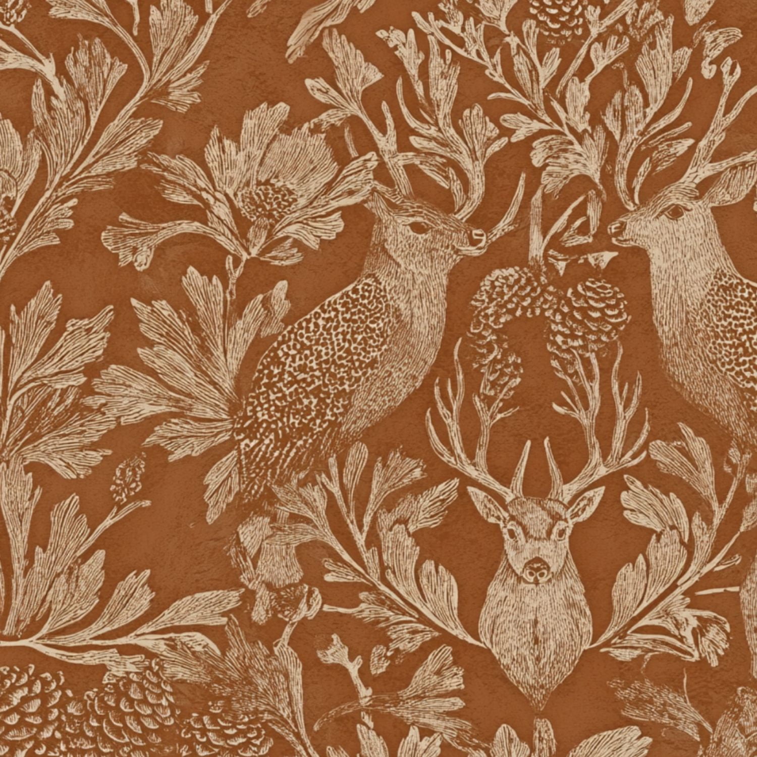 Hunt Peel and Stick Wallpaper 17.7in x 9.8ft Vintage Botanical Wildlife Deer Birds Foliage Warm Contact Paper Vinyl Waterproof Self Adhesive Wall Paper for Bedroom Shelf Cabinet Renter Friendly