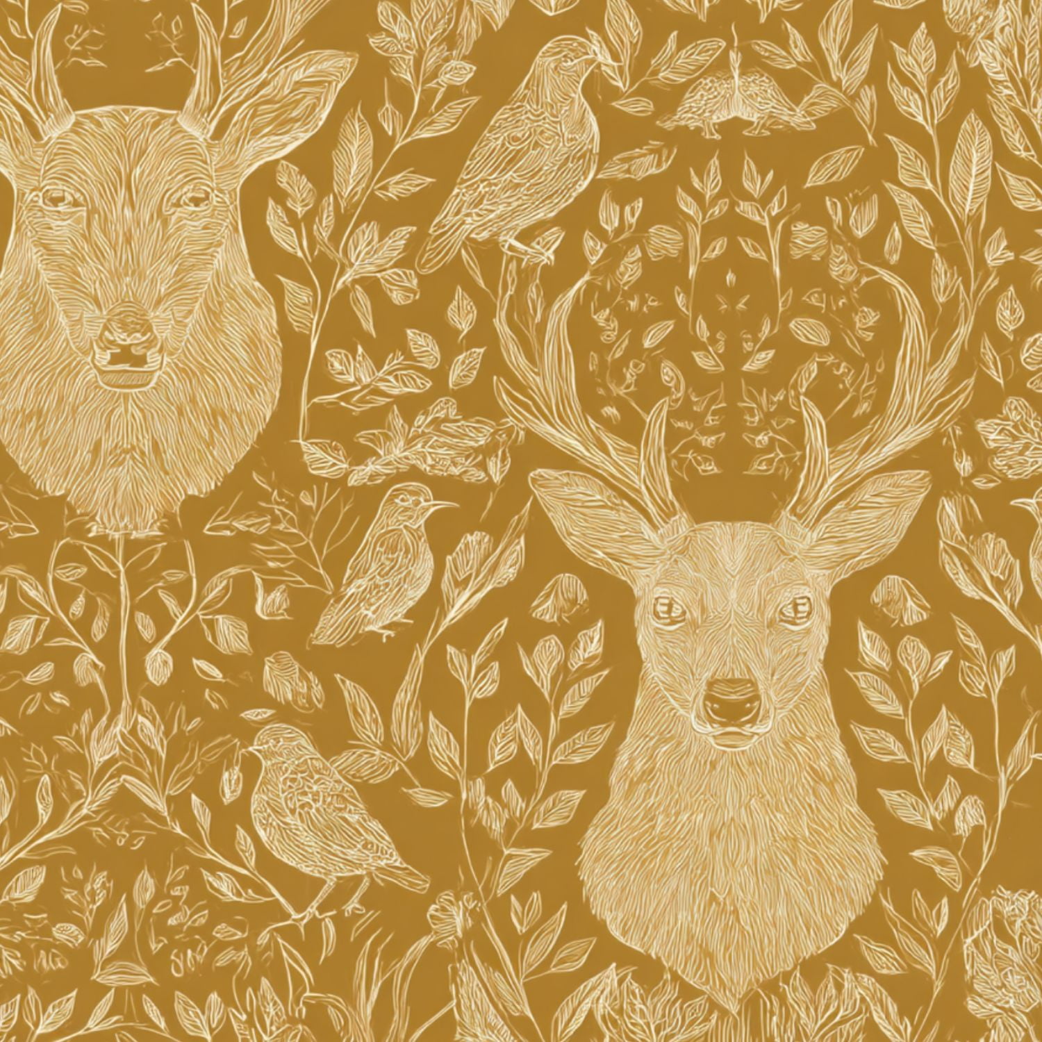 Hunt Peel and Stick Wallpaper 17.7in x 9.8ft Whimsical Floral Fauna Deer Birds Mustard Contact Paper Vinyl Waterproof Self Adhesive Wall Paper for Bedroom Shelf Cabinet Renter Friendly
