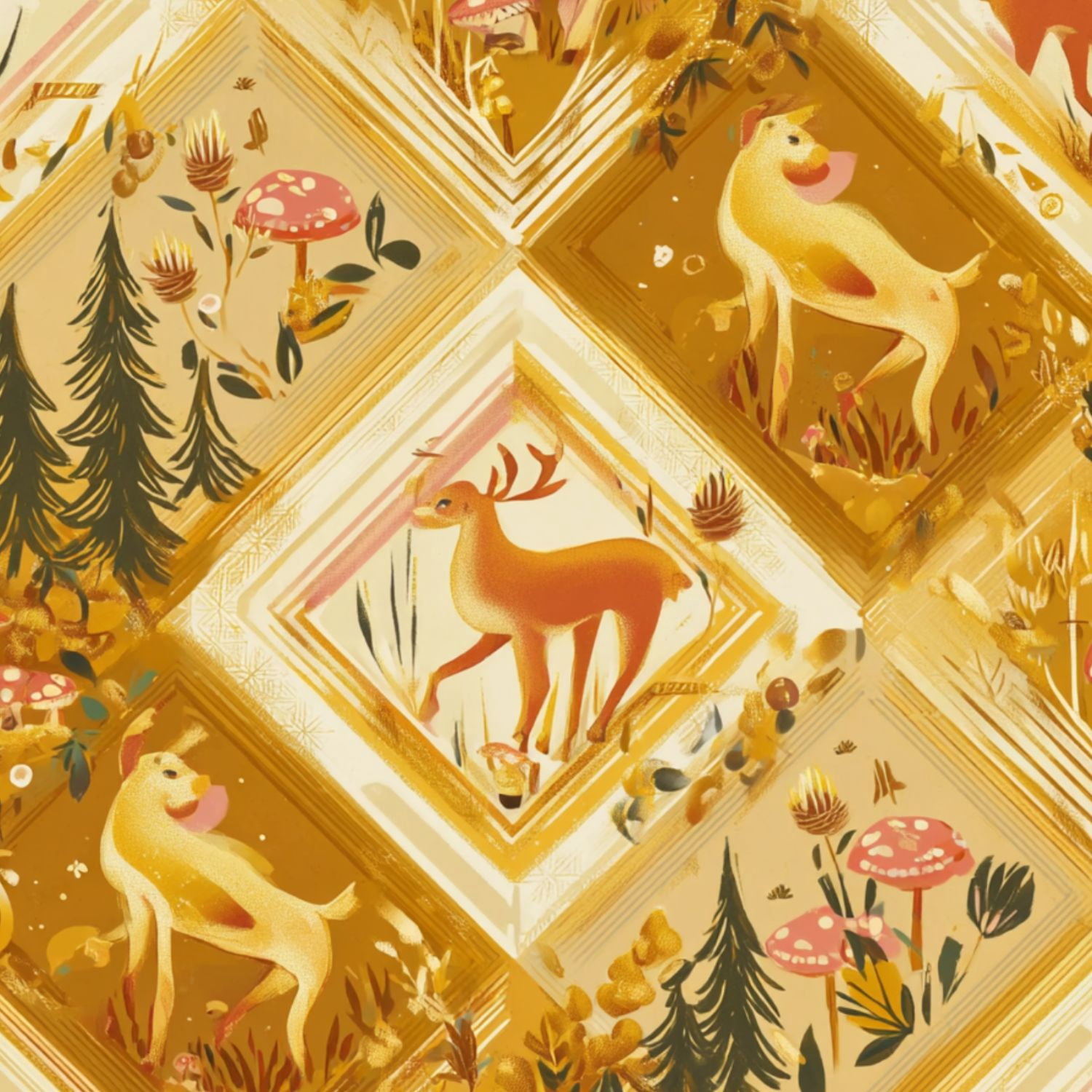 Hunt Peel and Stick Wallpaper 17.7in x 9.8ft Whimsical Forest Animals Deer Dog Mushrooms Golden Contact Paper Vinyl Waterproof Self Adhesive Wall Paper for Bedroom Shelf Cabinet Renter Friendly