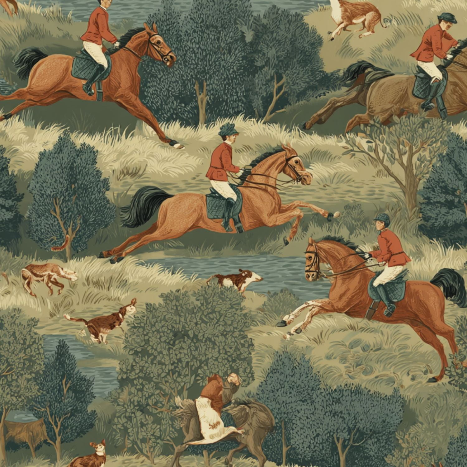 Hunt Peel and Stick Wallpaper 23.6in x 9.8ft Equestrian Chase Horses Riders Dogs Natural Landscape Contact Paper Vinyl Waterproof Self Adhesive Wall Paper for Bedroom Shelf Cabinet Renter Friendly