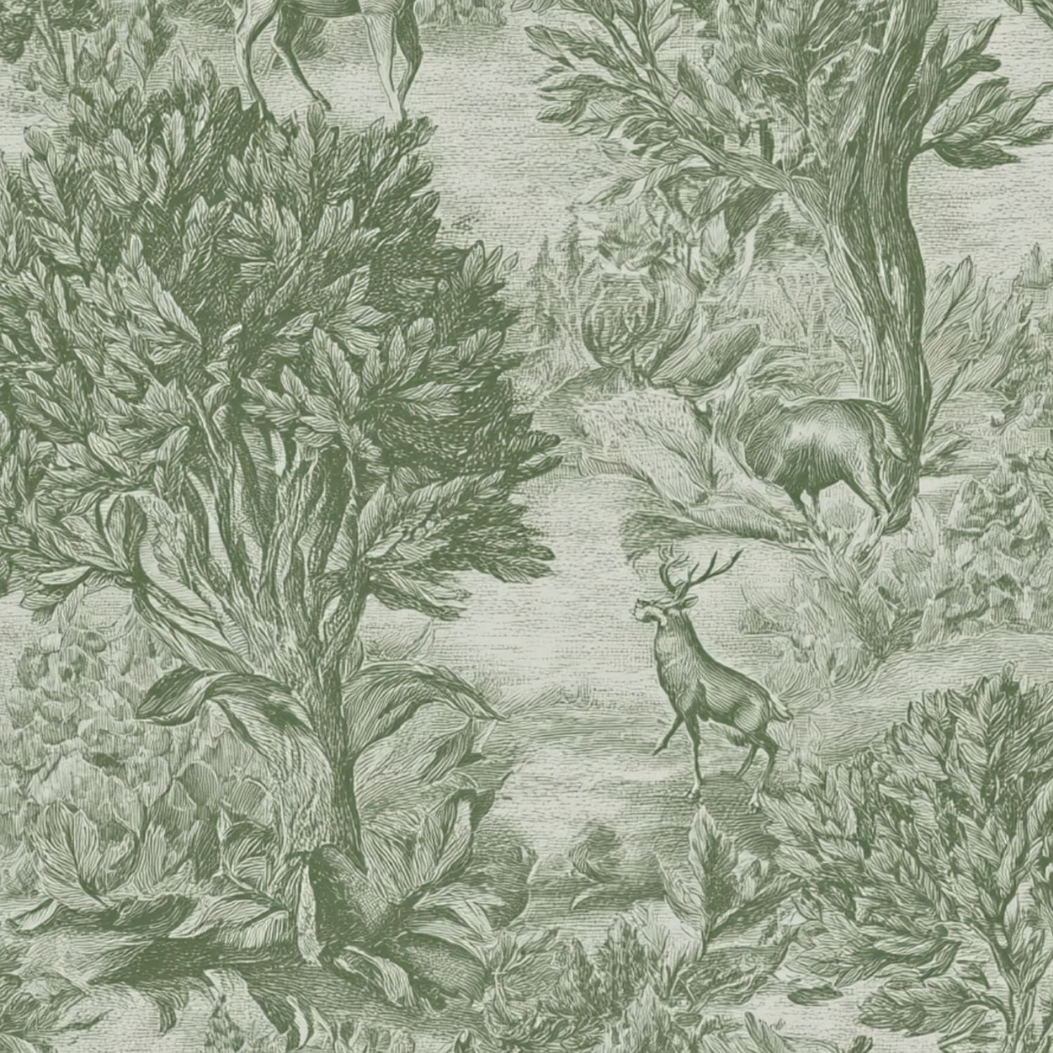 Hunt Peel and Stick Wallpaper 23.6in x 9.8ft Vintage Green Forest Deer Botanical Elements Contact Paper Vinyl Waterproof Self Adhesive Wall Paper for Bedroom Shelf Cabinet Renter Friendly
