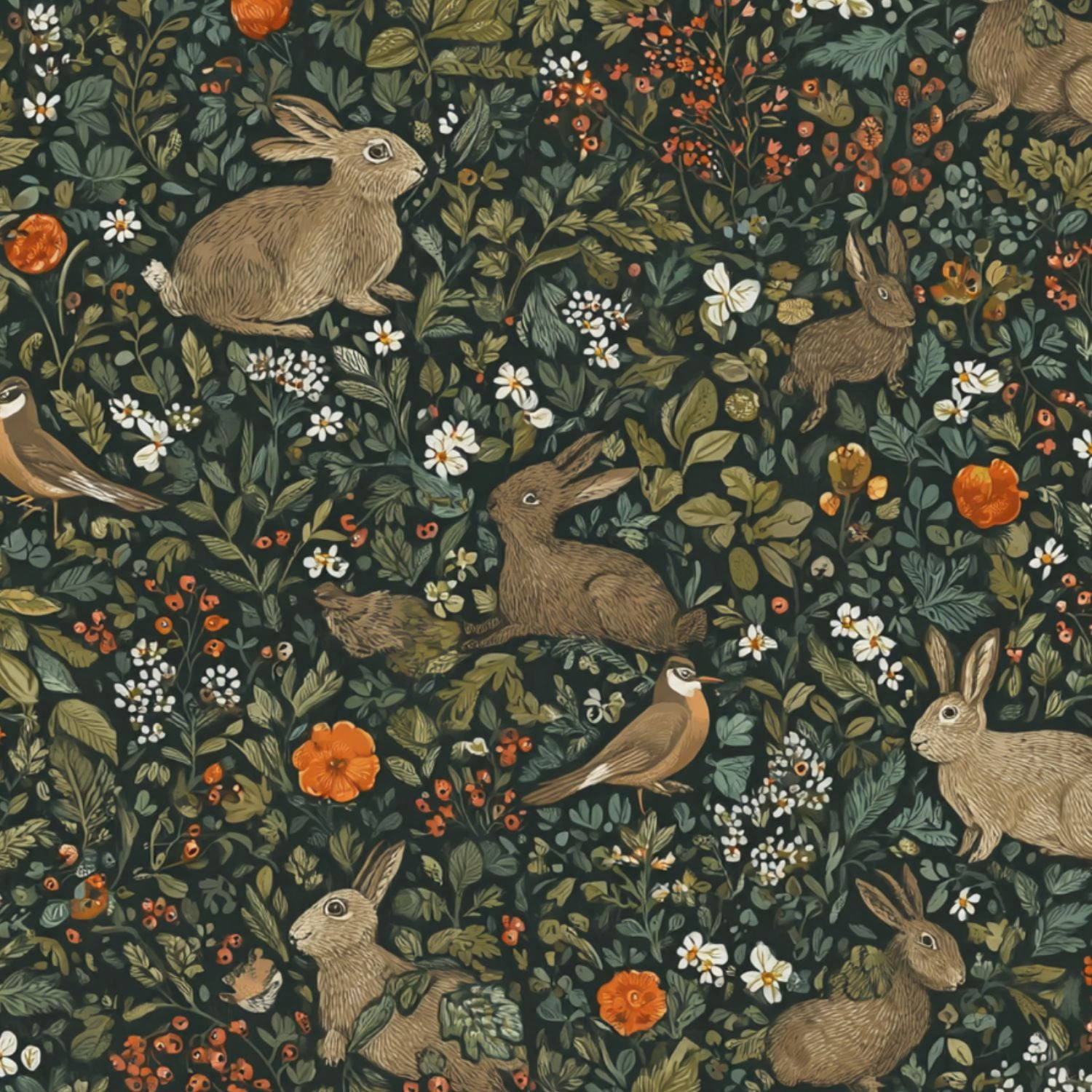 Hunt Peel and Stick Wallpaper 23.6in x 9.8ft Whimsical Floral Hares Birds Earthy Tones Contact Paper Vinyl Waterproof Self Adhesive Wall Paper for Bedroom Shelf Cabinet Renter Friendly