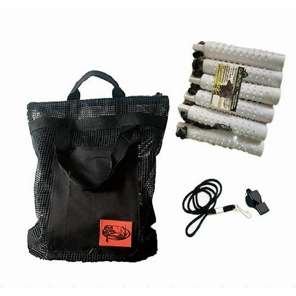 HuntEmUp Dog Training Kit - 2 in White Plastic Dog Training Bumper with Throw Rope 6pc + Mesh Bumper Storage Bag + Whistle & Lanyard