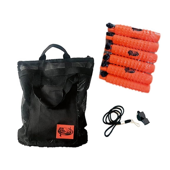 HuntEmUp Dog Training Kit - 3 in Orange Plastic Dog Training Bumper with Throw Rope + Mesh Bumper Storage Bag + Lanyard & Whistle