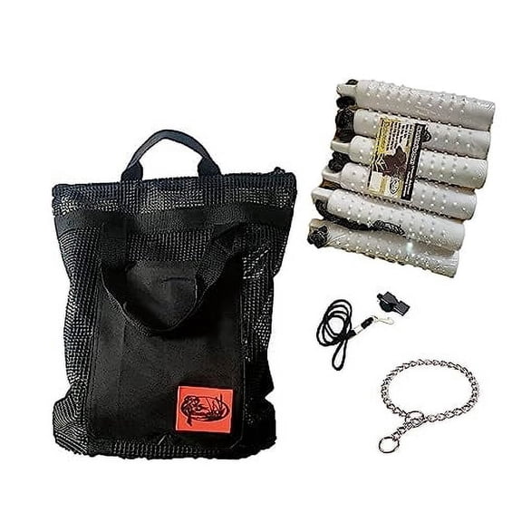 HuntEmUp Hunting Dog Essentials Training Kit - 2 in White Plastic Bumper with Throw Rope 6pc + Mesh Bumper Storage Bag + Whistle & Lanyard + Training Chain
