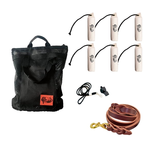 HuntEmUp Hunting Dog Essentials Training Kit -Large Canvas White Bumpers 6pc + Mesh Bumper Bag + Whistle & Lanyard + Braided Leash