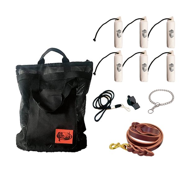 HuntEmUp Hunting Dog Essentials Training Kit -  Large Canvas White Bumpers 6pc + Mesh Bumper Bag + Whistle & Lanyard + Braided Leather Leash + Training Chain