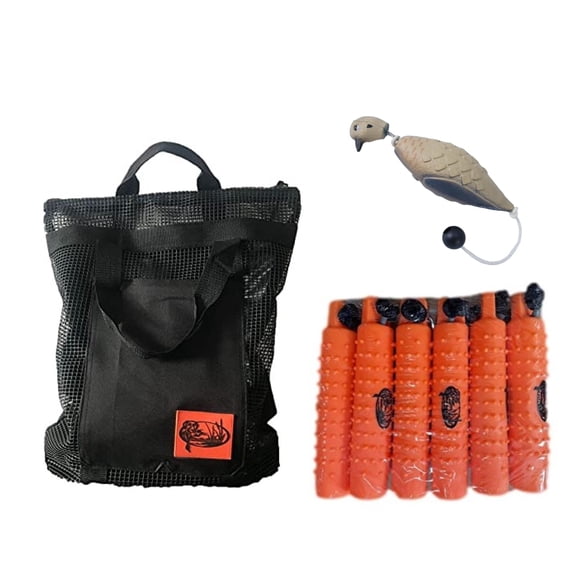 HuntEmUp Hunting Dog Supplies Training Kit - Mourning Dove Dummy + 6 pc 3-Inch Orange Bumpers + Mesh Bumper Bag