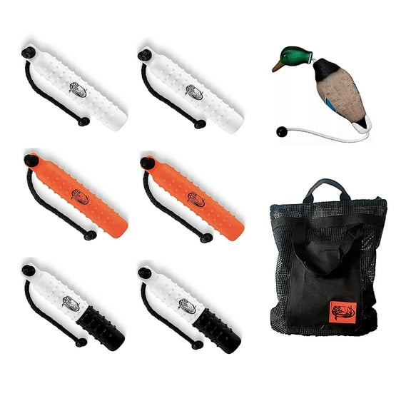 HuntEmUp Hunting Dog Training Equipment - 3 inch Plastic Bumpers With Throw Ropes 6 pc + Fowl Dead Mallard Dummy + Mesh Bumper Bag