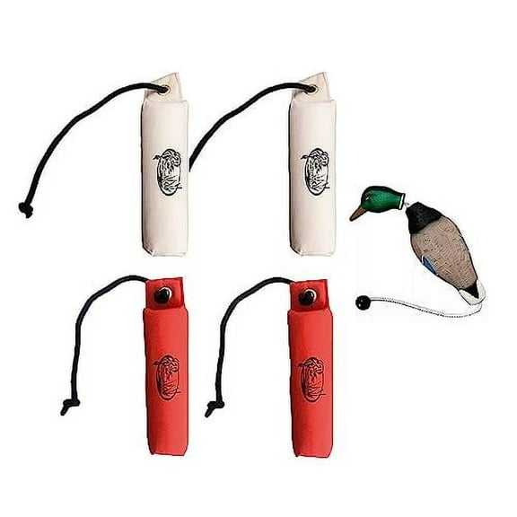 HuntEmUp Hunting Dog Training Equipment - 4 pc Canvas Bumpers With Throw Ropes + Dead Fowl Mallard Dummy