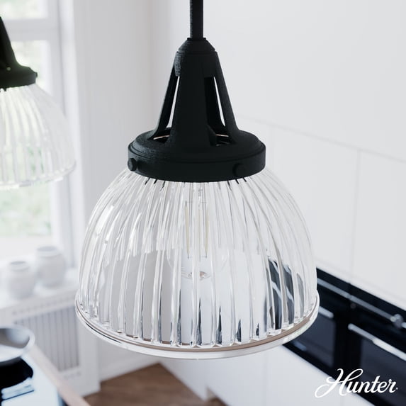 Hunter - Cypress Grove 1-light Natural Black Iron, Small Pendant Light, Dimmable, Transitional Style, Dome Shaped, for Bedrooms, Dining, Living Rooms - 19247