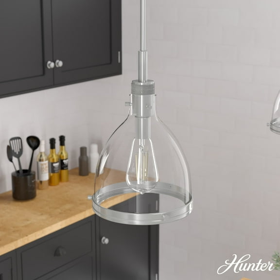 Hunter - Van Nuys 1-light Brushed Nickel, Small Pendant Light, Dimmable, Transitional Style, Bell Shaped, for Bedrooms, Dining, Living Rooms - 19346
