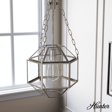 Hunter - Indria 1-light Brushed Nickel, Medium Size Pendant Light, Dimmable, Geometric Shaped, for Bedrooms, Kitchens, Dining, Living Rooms - 19364