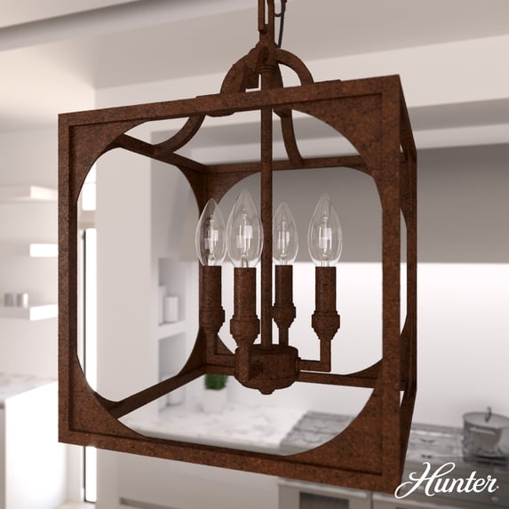 Hunter - Highland Hill 4-light Textured Rust, Medium Size Pendant Light, Dimmable, Formal Style, Lantern Shaped, for Bedrooms, Dining, Living Rooms - 19980