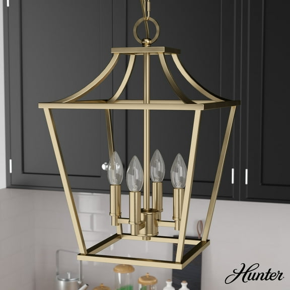 Hunter - Laurel Ridge 4-light Alturas Gold, Medium Size Pendant Light, Dimmable, Formal Style, Lantern Shaped, for Bedrooms, Dining, Living Rooms - 19066