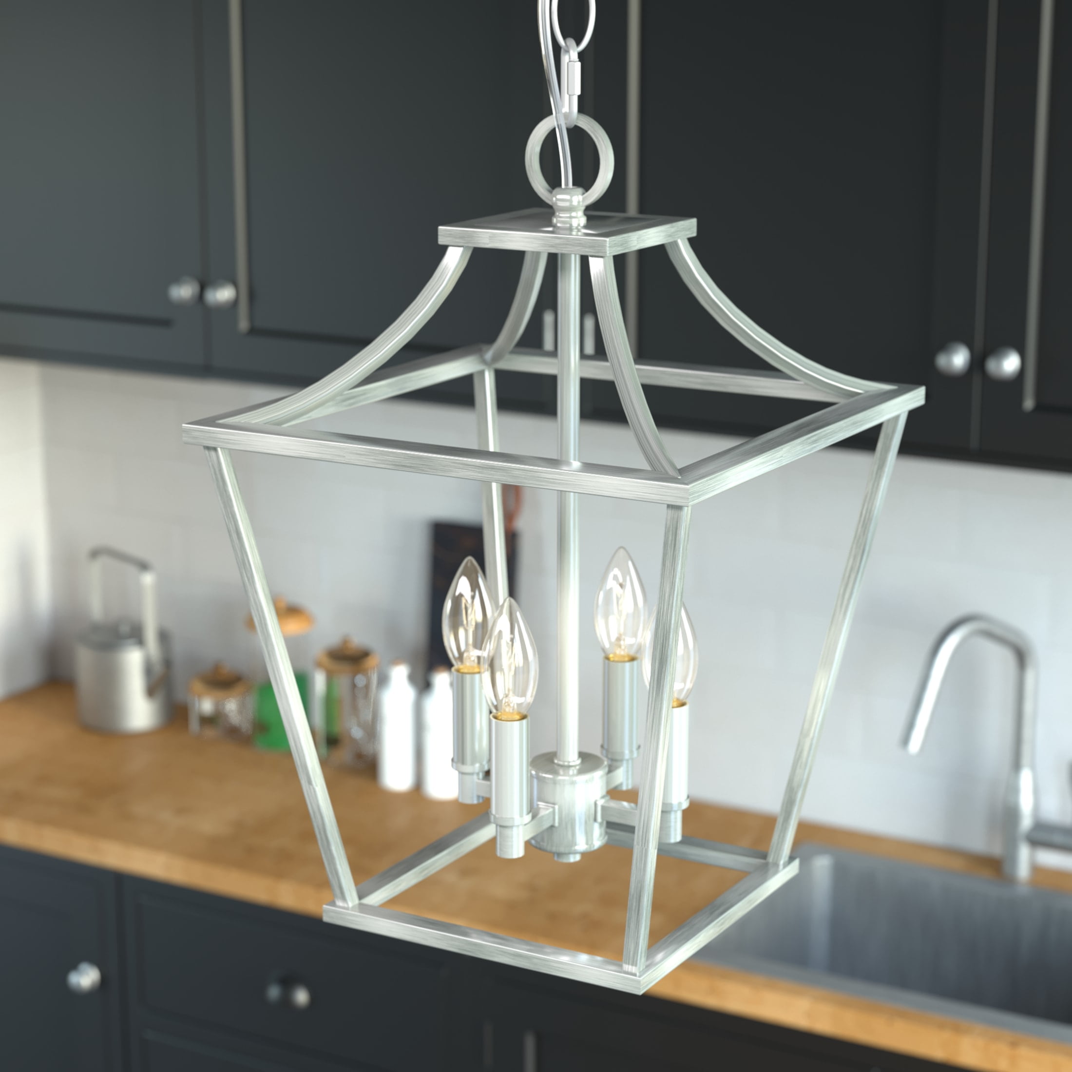 Laurel Ridge Brushed Nickel 4-Light LED Glass Lantern Pendant