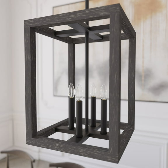 Hunter - Squire Manor 4-light Matte Black, Medium Size Pendant Light, Dimmable, Modern Style, Rectangle Shaped, for Bedrooms, Dining, Living Rooms - 19084