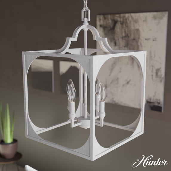 Hunter - Highland Hill 4-light Distressed White, Medium Size Pendant Light, Dimmable, Formal Style, Lantern Shaped, for Bedrooms, Dining, Living Rooms - 19286