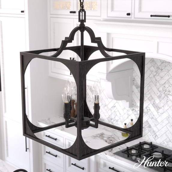 Hunter - Highland Hill 4-light Rustic Iron, Medium Size Pendant Light, Dimmable, Formal Style, Lantern Shaped, for Bedrooms, Dining, Living Rooms - 19285