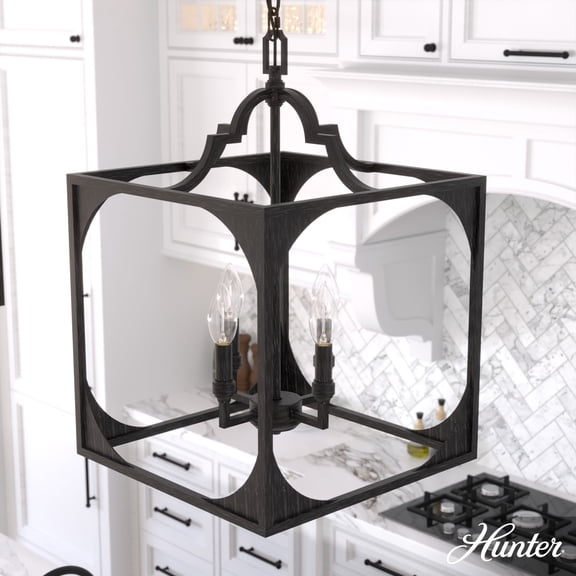 Hunter - Highland Hill 4-light Rustic Iron, Medium Size Pendant Light, Dimmable, Formal Style, Lantern Shaped, for Bedrooms, Dining, Living Rooms - 19285