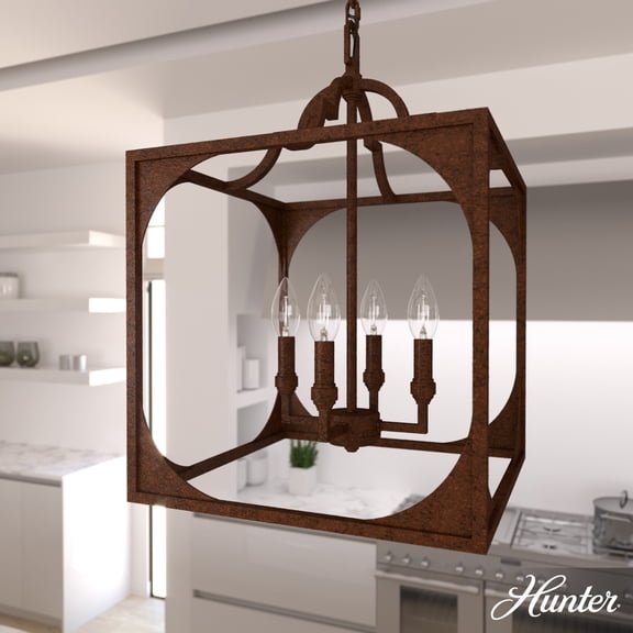Hunter - Highland Hill 4-light Textured Rust, Medium Size Pendant Light, Dimmable, Formal Style, Lantern Shaped, for Bedrooms, Dining, Living Rooms - 19981