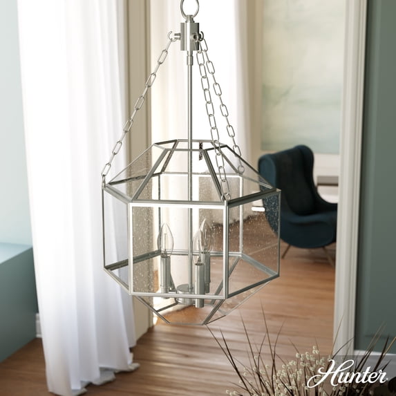 Hunter - Indria 3-light Brushed Nickel, Medium Size Pendant Light, Dimmable, Casual Style, Geometric Shaped, for Bedrooms, Dining, Living Rooms - 19368