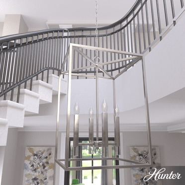 Hunter - Sunjai 4-light Brushed Nickel, Medium Size Pendant Light, Dimmable, Formal Style, Rectangle Shaped, for Bedrooms, Kitchens, Dining, Living Rooms - 19989