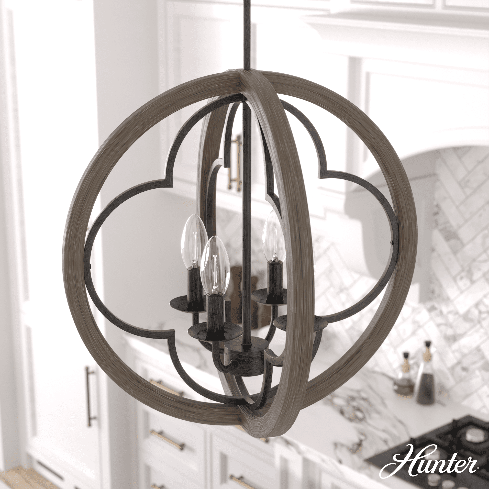 French Oak Transitional Globe Pendant Light with Quatrefoil Design