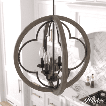 Hunter - Gablecrest 4-light French Oak, Medium Size Pendant Light, Dimmable, Transitional Style, Sphere Shaped, for Bedrooms, Kitchens, Dining, Living Rooms - 19095