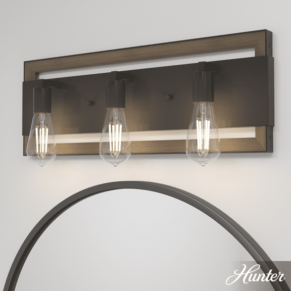 Hunter - Woodburn 3-light Noble Bronze, Medium Size Vanity Light, Dimmable, Rectangle Shaped, for Bedrooms, Kitchens, Dining, Living Rooms - 19864