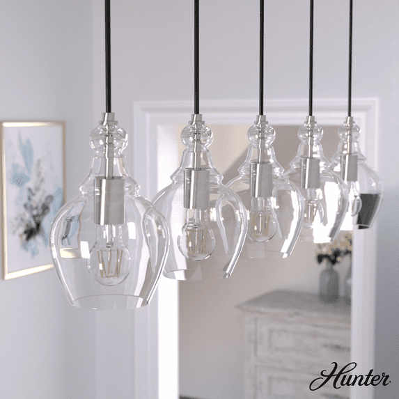 Hunter - Maple Park 5-light Brushed Nickel, Extra Large Cluster Light, Dimmable, Casual Style, Linear Shaped, for Bedrooms, Kitchens, Dining, Living Rooms - 19994