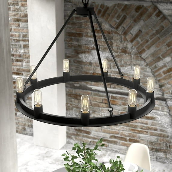 Hunter - Saddlewood 9-light Natural Black Iron, Large Chandelier, Dimmable, Casual Style, Wagon Wheel Shaped, for Bedrooms, Dining, Living Rooms - 19030
