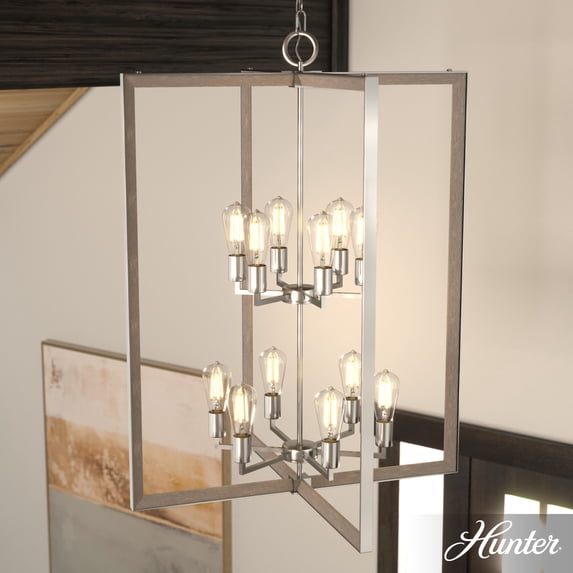 Hunter - Woodburn 12-light Brushed Nickel, Extra Large Pendant Light, Dimmable, Modern Style, Rectangle Shaped, for Bedrooms, Dining, Living Rooms - 19859