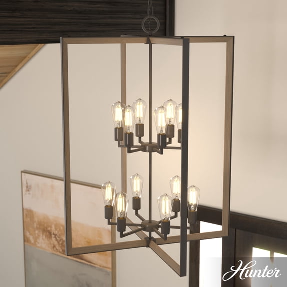Hunter - Woodburn 12-light Noble Bronze, Extra Large Pendant Light, Dimmable, Modern Style, Rectangle Shaped, for Bedrooms, Dining, Living Rooms - 19860