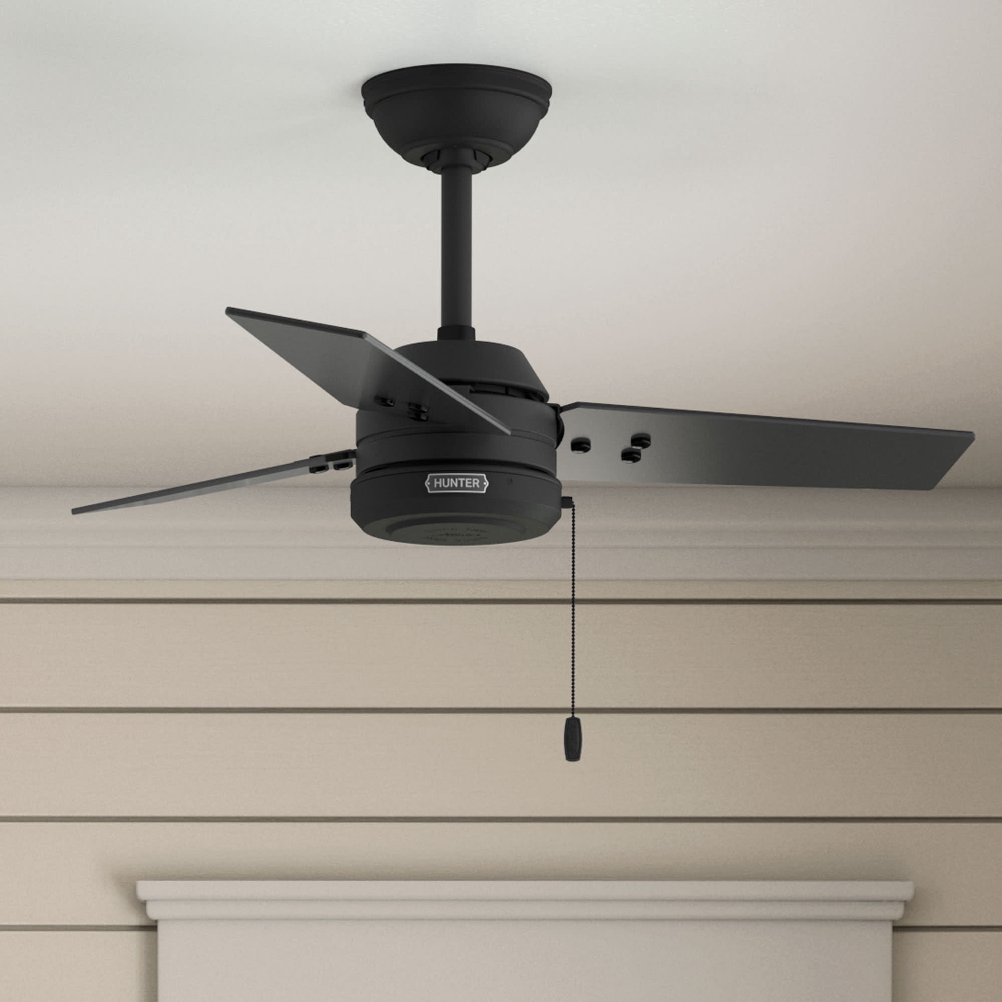 Hunter 36 inch Cassius Matte Black Damp Rated Ceiling Fan and Pull Chain