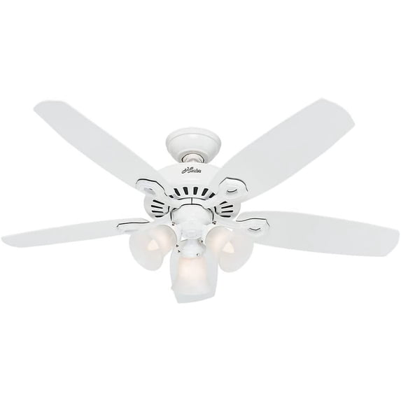 Hunter 42 inch Indoor Ceiling Fan with LED Lights - White Ceiling Fan with Pull Chain, For Bedroom or Living Room, Standard Mount, No Remote, 5 Blades, Includes Bulbs - Builder 52105, Snow White
