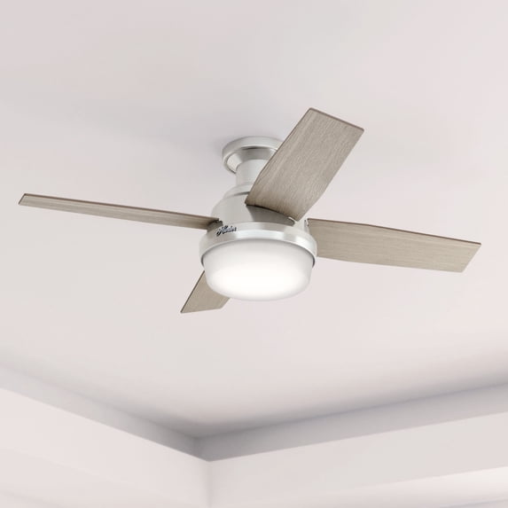 Hunter 44 inch Indoor Ceiling Fan with LED Light and Remote Control - Grey Modern Ceiling Fan, Low Profile Mount, 4 Blades, For Bedroom, Living Room, or Kitchen, Quiet - Dempsey 50282, Brushed Nickel