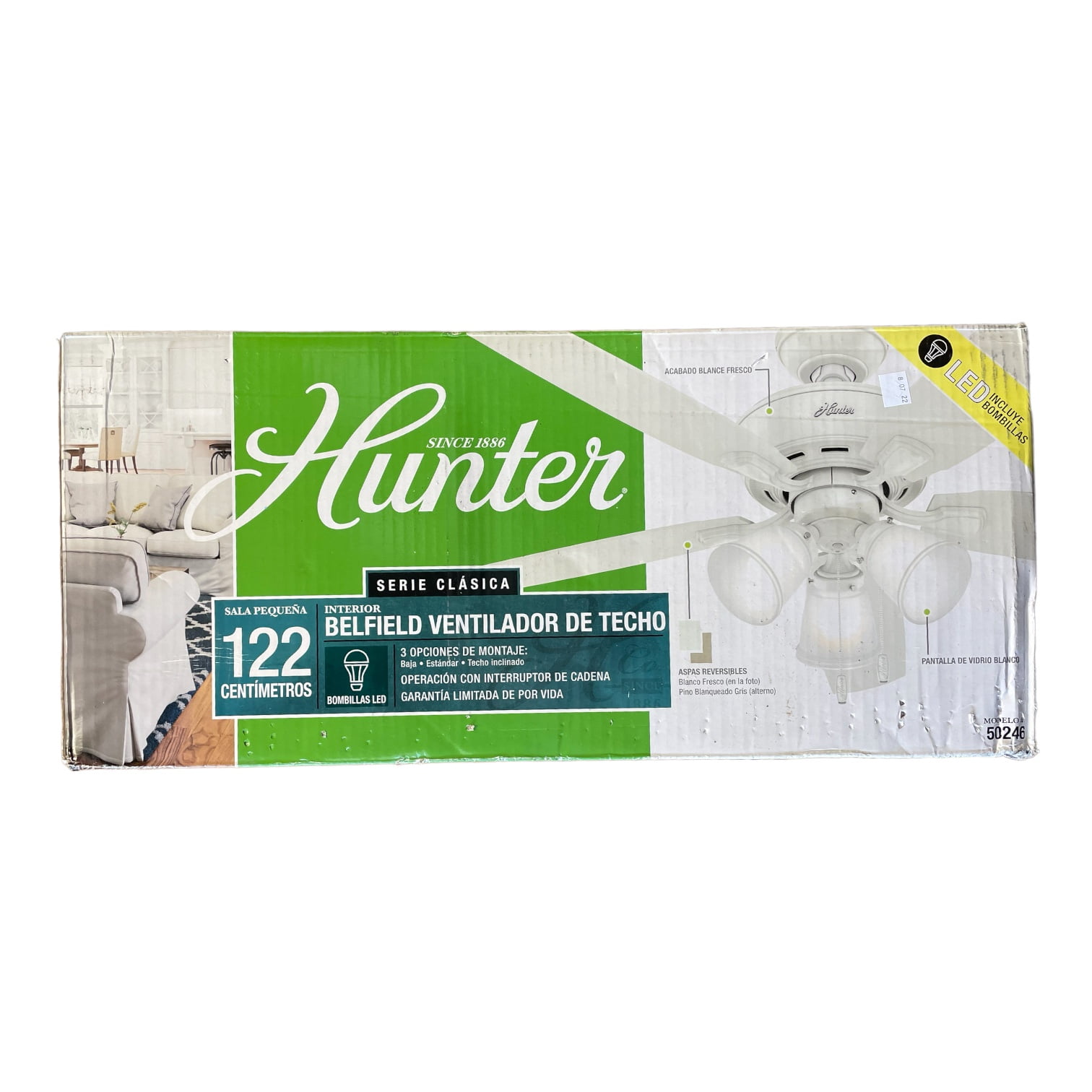 Hunter 48" Belfield Fresh White Ceiling Fan +LED Light Kit and Pull