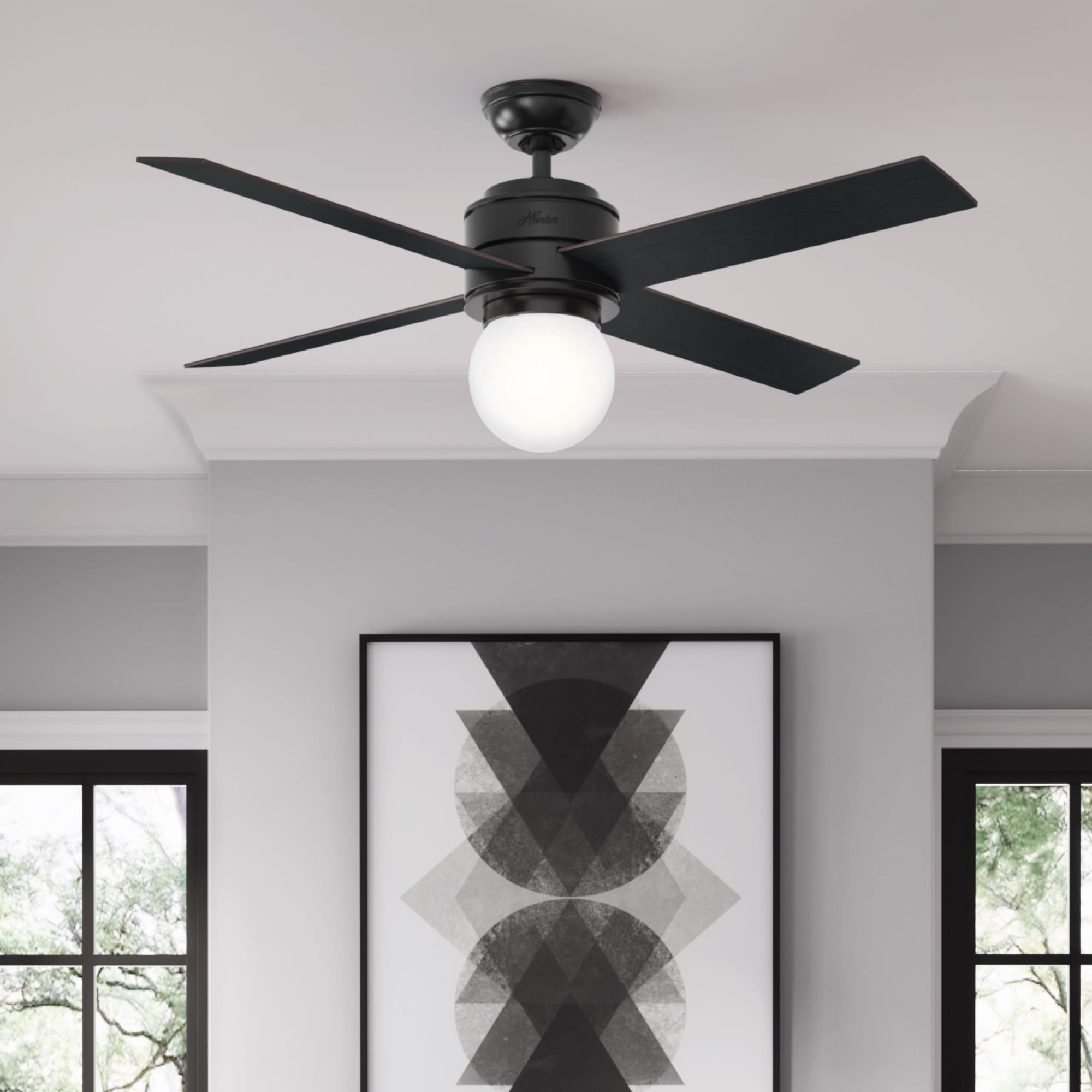 Hunter - Hepburn Indoor Ceiling Fan With Light, Wall Control, 52-inch, Matte Black, Modern-style, 3-speed WhisperWind Motor, 59321, for living rooms, bedrooms, home offices, kitchens