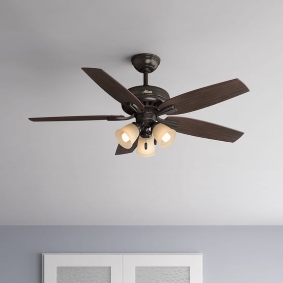 Hunter 52 inch Indoor Ceiling Fan with LED Lights - Bronze Ceiling Fan with Pull Chain, For Bedroom or Living Room, Standard Mount, No Remote, 5 Blades, Includes Bulbs - Newsome 53317, Premier Bronze
