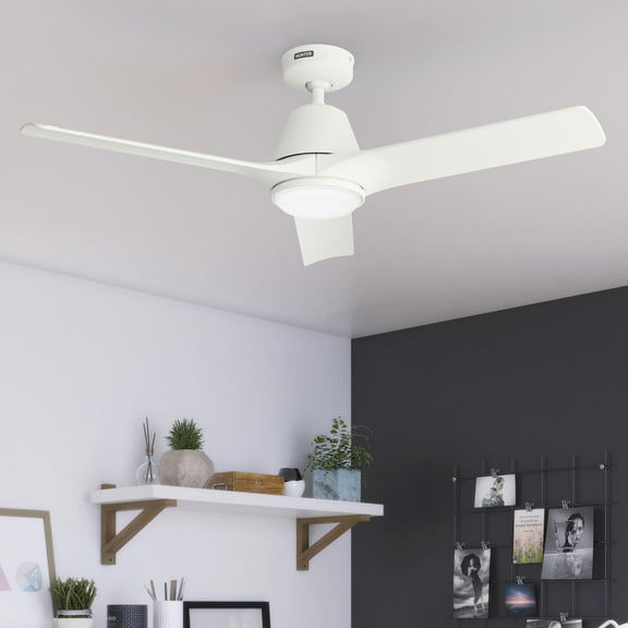 Hunter - Aeronaut  Indoor/Outdoor Ceiling Fan With Light, Remote, 52-inch, Matte White, Modern-style, 6-speed DC Motor, Energy Star, WiFi Smarthome, 52928, for Porches, Bathrooms