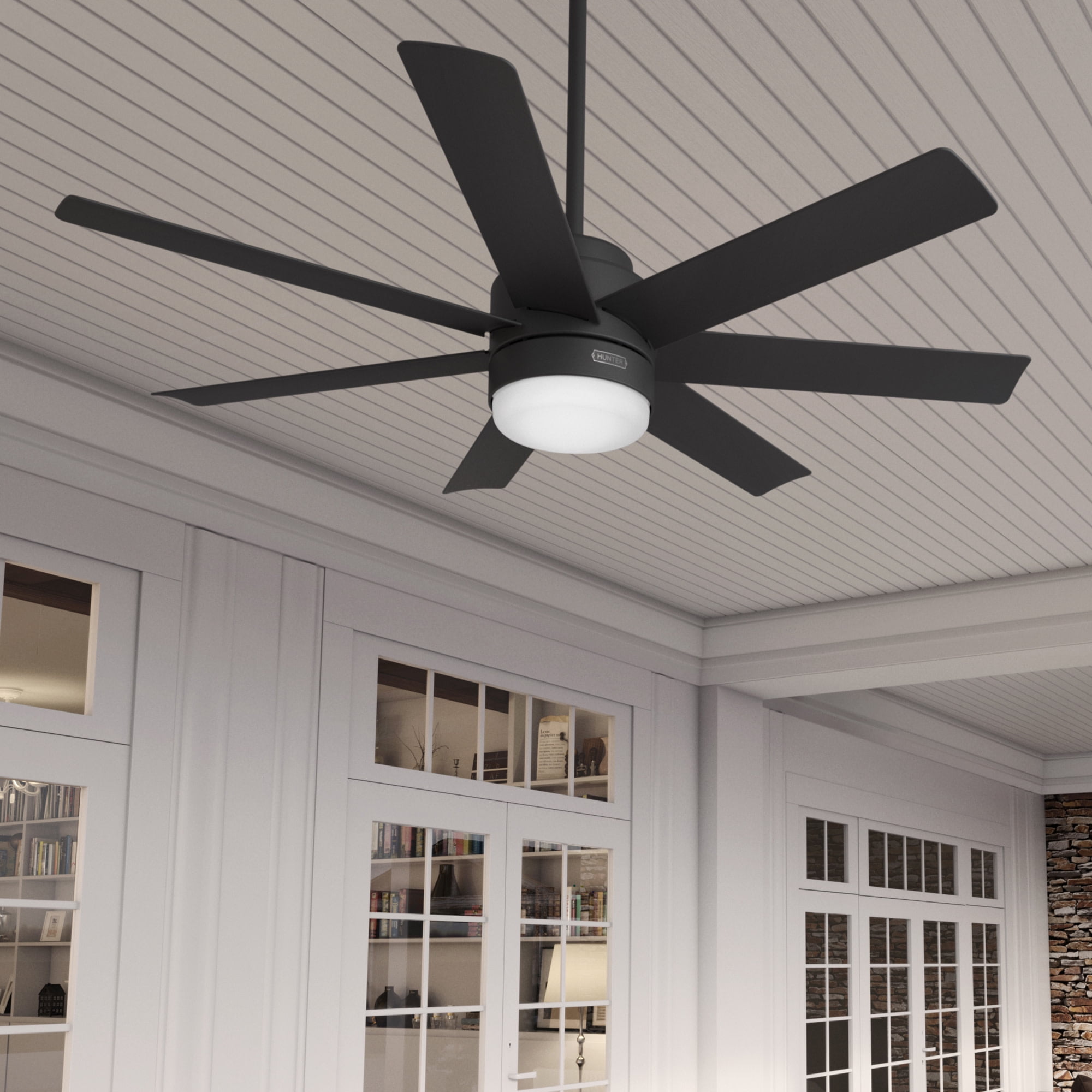Hunter - Brazos Indoor/Outdoor Ceiling Fan With Light, Remote, 52-inch, Matte Black, Casual-style, 6-speed, Energy Star, 51535, for Porches, Bathrooms