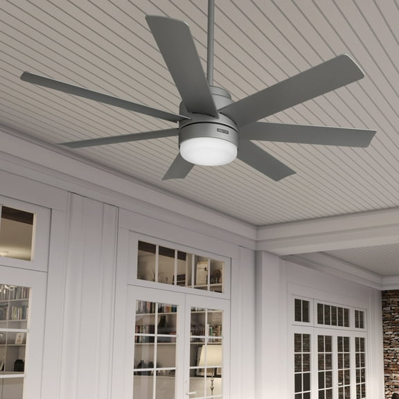 Hunter - Brazos Indoor/Outdoor Ceiling Fan With Light, Remote, 52-inch, Matte Silver, Casual-style, 6-speed, Energy Star, 52376, for Porches, Bathrooms