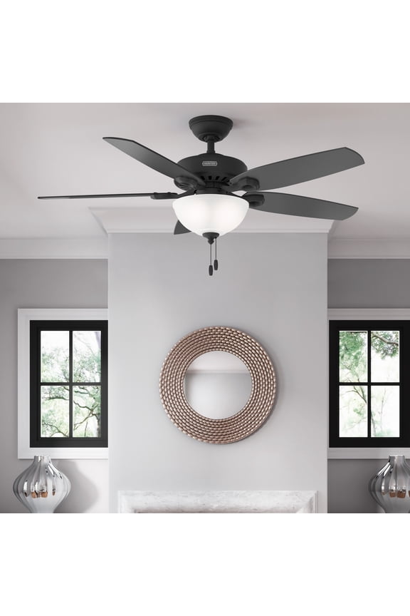 - Builder Indoor Ceiling Fan With Light, 52-inch, Matte Black, Traditional-style, 3-speed WhisperWind Motor, 52386, for living rooms, bedrooms, home offices, kitchens