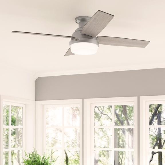 Hunter 52 inch Indoor Ceiling Fan with LED Light and Remote Control - Modern Ceiling Fan, Low Profile Mount, 4 Blades, For Bedroom, Living Room, or Kitchen, Quiet - Dempsey 51736, Matte Silver