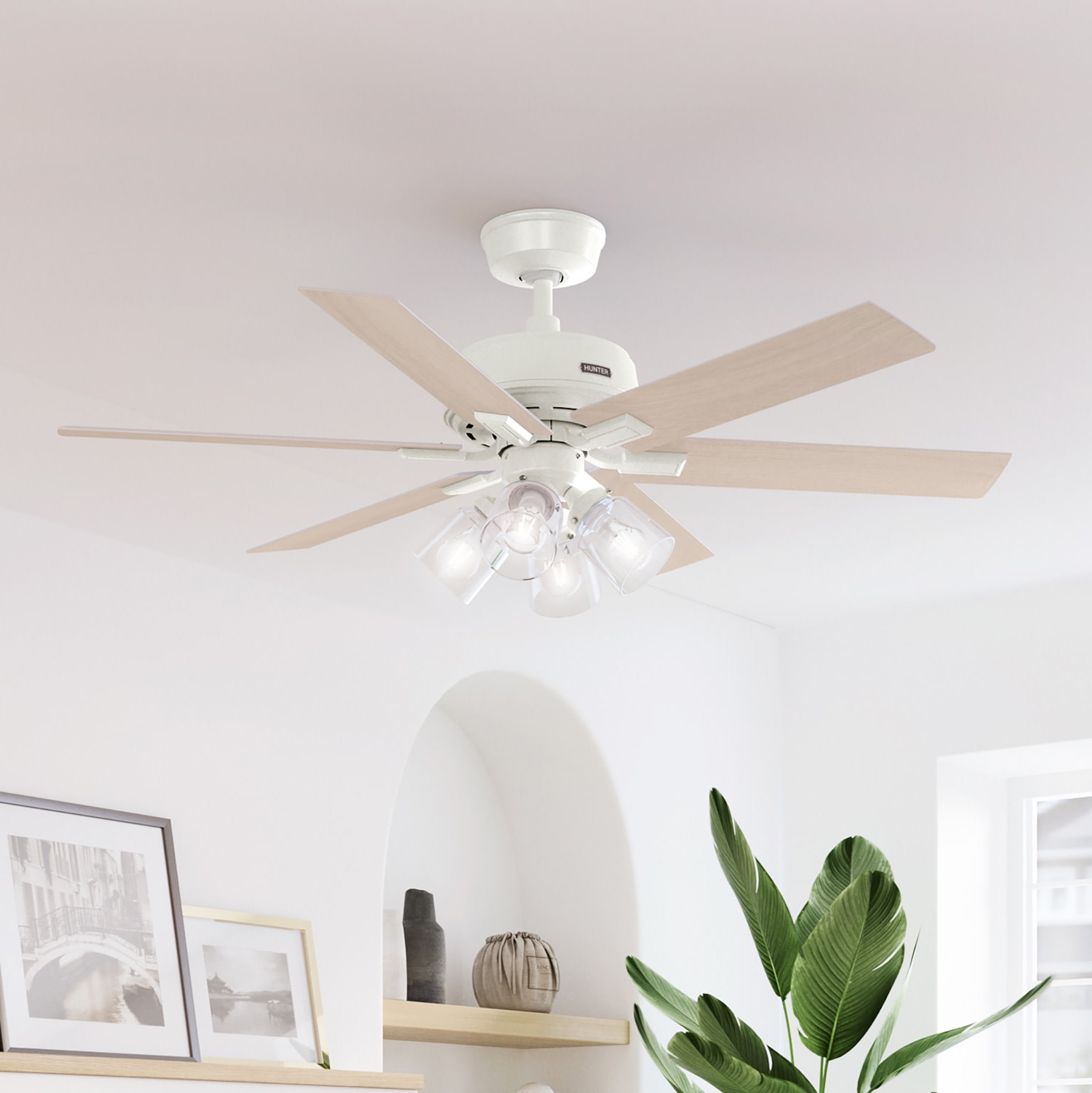 Hunter 52 Inch White and Light Oak Ceiling Fan with LED Light and Remote
