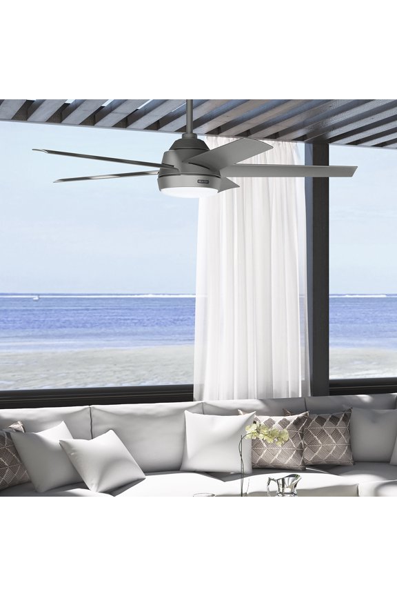 - Skyflow Outdoor Ceiling Fan With Light, Wall Control, 52-inch, Matte Silver, Modern-style, 3-speed WhisperWind Motor, 52612