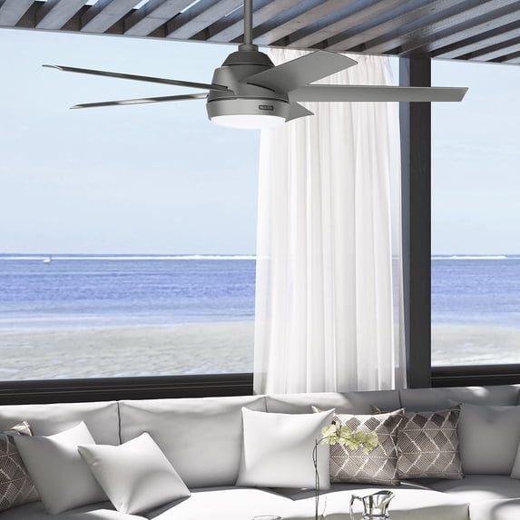 Hunter - Skyflow Outdoor Ceiling Fan With Light, Wall Control, 52-inch, Matte Silver, Modern-style, 3-speed WhisperWind Motor, 52612