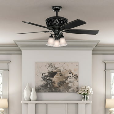 Hunter - Promenade Indoor Ceiling Fan With Light, Remote, 54-inch, Gloss Black, Traditional-style, 6-speed, Energy Star, 59545, for living rooms, bedrooms, home offices, kitchens